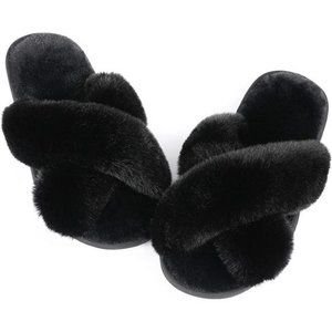Cross Band Cozy Plush Slippers Fluffy Furry Open Toe House Shoes Slide Slipper